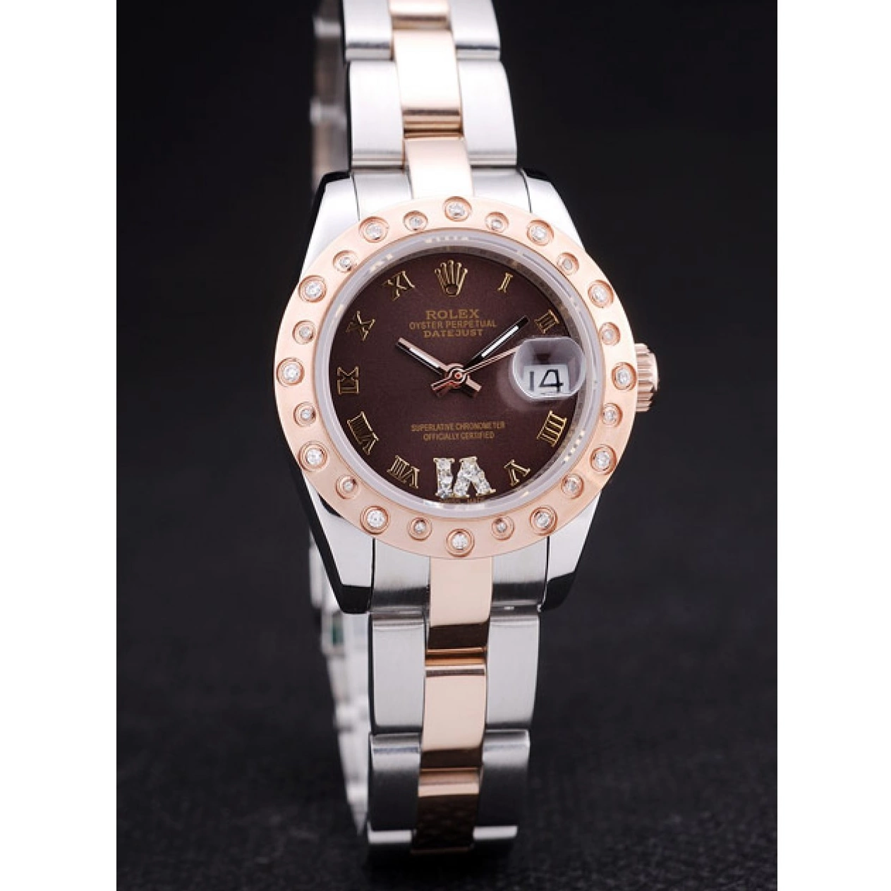 AAA Replica Watches Polished Gold Bezel Datejust Dial Brown Diamonds 7475 Rose Rolex 0524